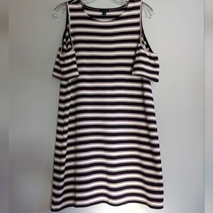Ann Taylor Cold Shoulder Shift Dress, Knit, Striped, Blue, White, Peach Size Med